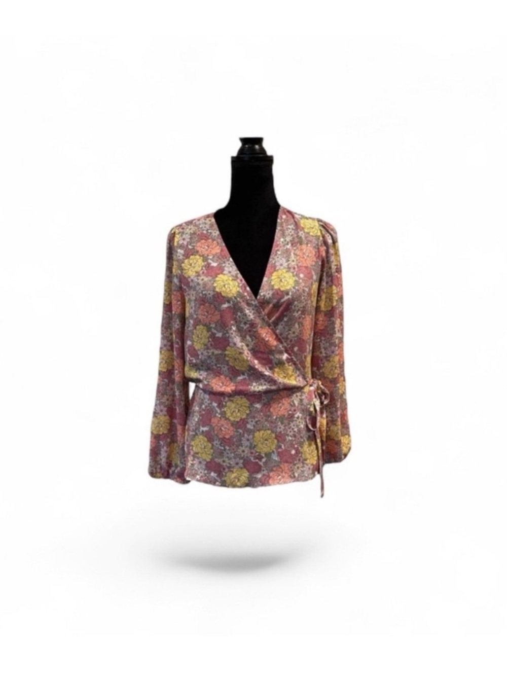 Pleione NWT bohemian floral long sleeve faux wrap waist tie blouse top medium